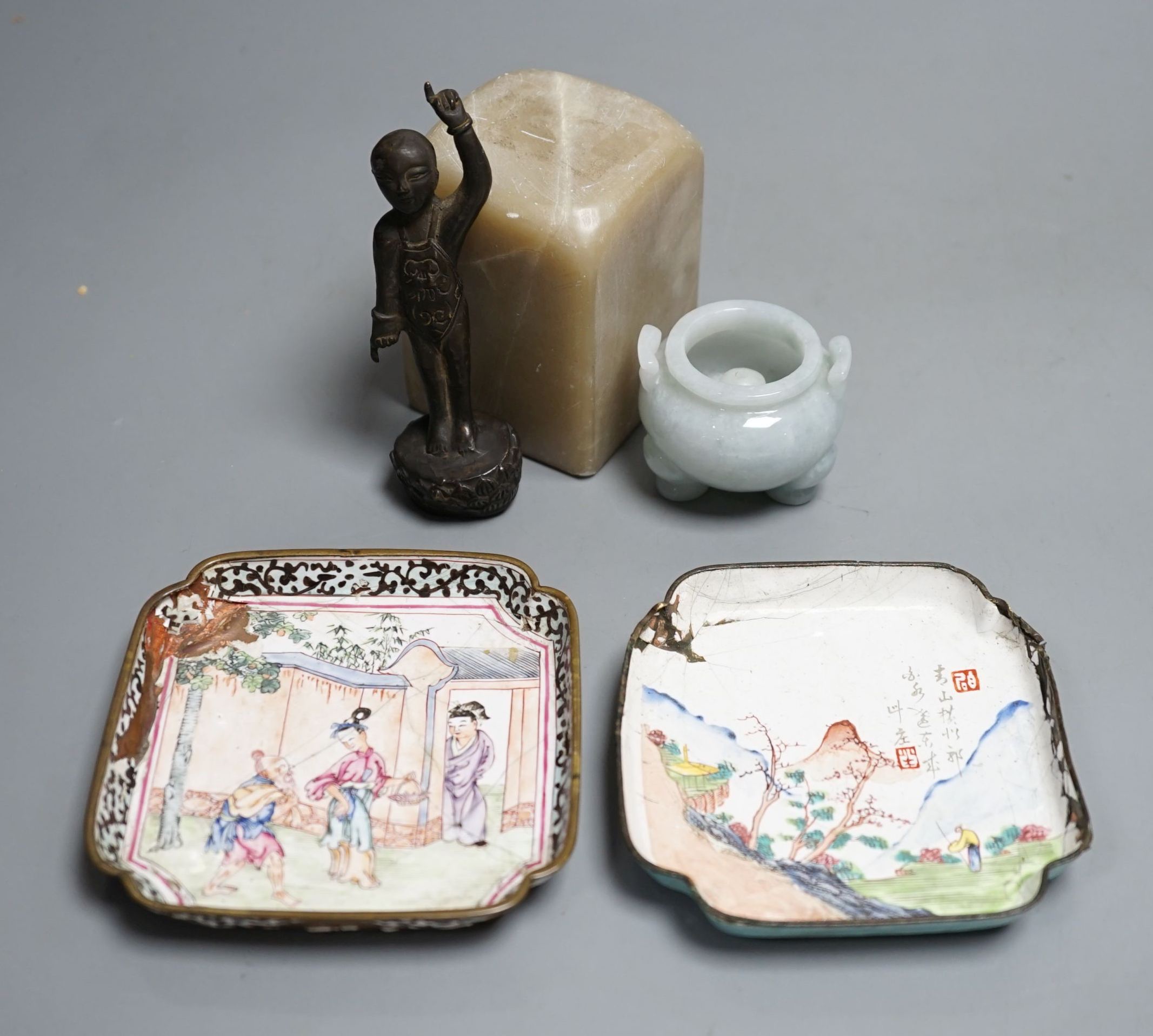 Assorted Chinese items including Canton enamel dishes, bronze standing buddha, jadeite censor, soapstone seal, Soapstone seal 8 cms high.